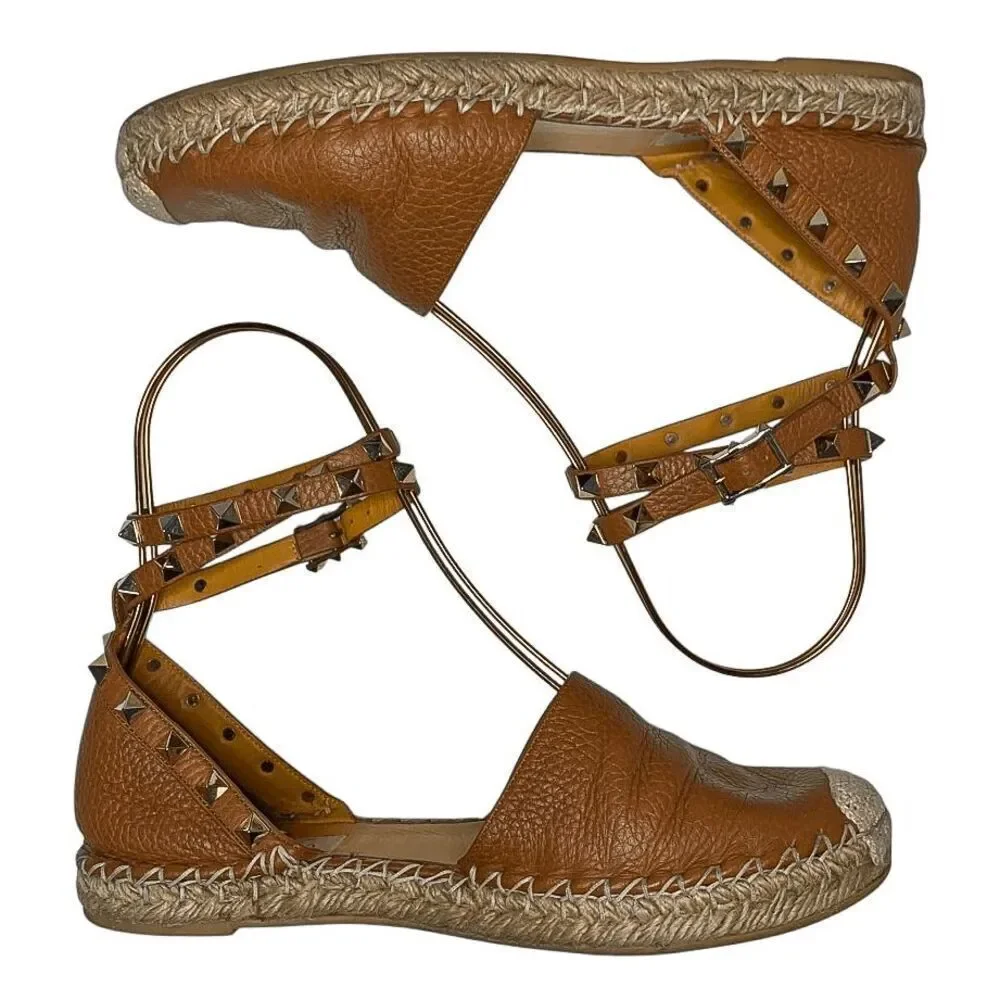 Valentino Garavani Rockstud Espadrille Studded Ankle Wrap Flats EU 37 US 7 Brown